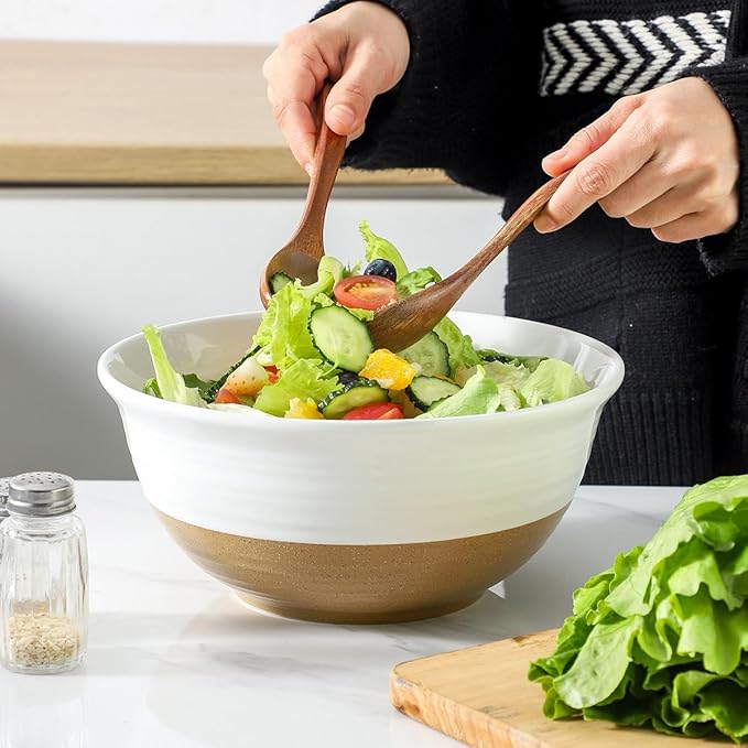 HASENSE Large Ceramic Serving Bowls Set of 2, 84 Oz 9 Inch White & Terracotta Stoneware Mixing Bowls, Farmhouse Bowls for Salad, Baking, Popcorn & Side Dishes, Dishwasher & Microwave Safe