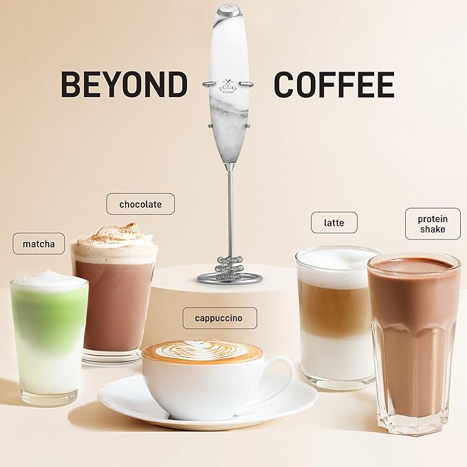 Zulay Kitchen Powerful Milk Frother Wand With Duracell Batteries - Ultra Fast Handheld Drink Mixer - Electric Whisk Foam Maker for Coffee, Lattes, Cappuccino & Matcha - Triple Whisk - Onyx Marble