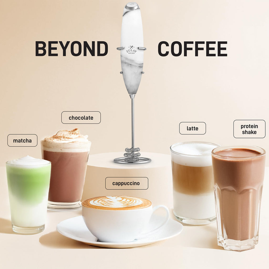 Zulay Kitchen Powerful Milk Frother Wand With Duracell Batteries - Ultra Fast Handheld Drink Mixer - Electric Whisk Foam Maker for Coffee, Lattes, Cappuccino & Matcha - Triple Whisk - Onyx Marble