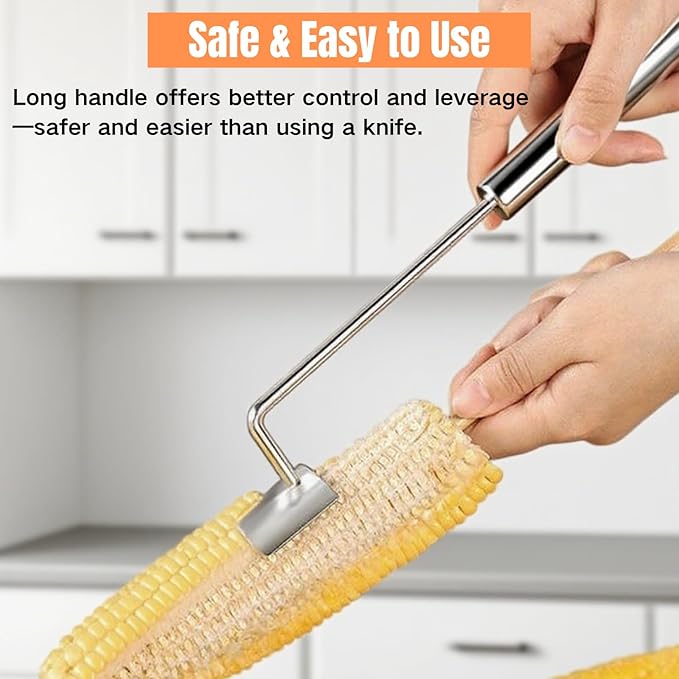 2 Pack Corn Peeler for Corn on the Cob, Stainless Steel Corn Cob Stripper Tool Long Handle Efficient Cob Remover Sweet Corn Cutter Removing Kernels for Home, Kitchens, Restaurant Chefs, Soups, Salads