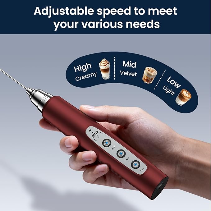 Milk Frother Wand Rechargeable Handheld Electric Whisk 3 Speed Adjustable