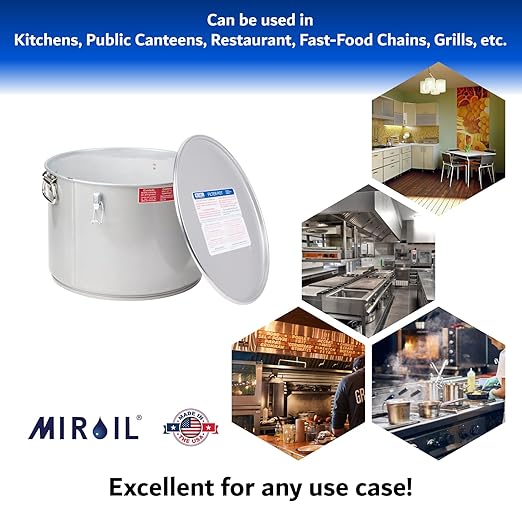 MirOil Oil Grease Bucket & Filter Pot, Silver (7 Gallon) – Fryer Container w/Lid Lock & Clip, Food Grade Interior Coating - Hot Grease Collection Pot - Made In USA – Model #60L