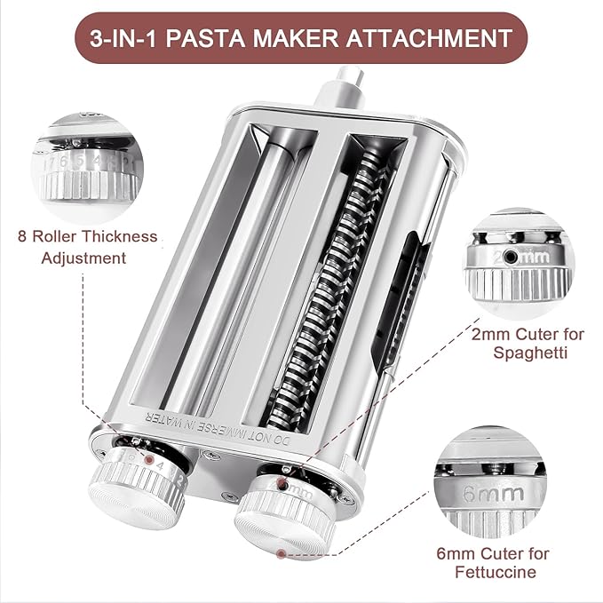 Pasta Maker Attachment for KitchenAid Mixer, 3-in-1 Metal Roller & Cutter