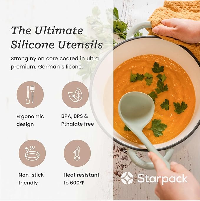Starpack Stir and Serve Silicone Cooking Utensils Set (5-Piece, 11") - LFGB Non Toxic, 600°F Heat Resistant, BPA-Free - One-Piece Seamless, Dishwasher Safe - for Nonstick Cookware, Sage Green