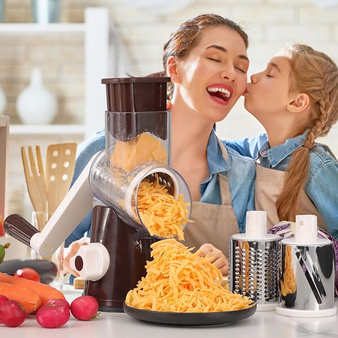 Cambom Rotary Cheese Grater Hand Crank Cheese Shredder for Fresh Cheese, Vegetable, Nuts,Non-slip Suction Base, Three Blades, Coffe Color