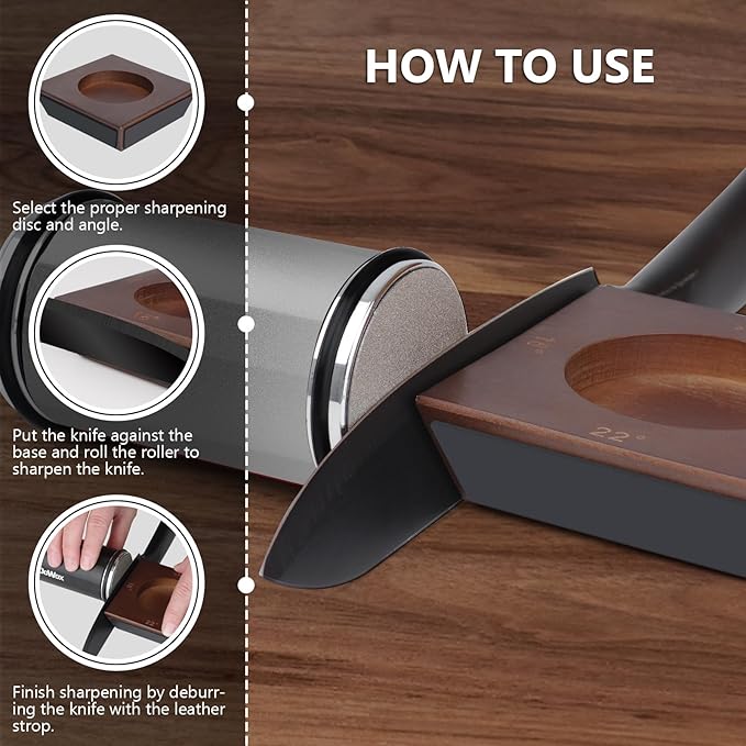 DOWOX Longer Rolling Knife Sharpener with Leather Strop, Upgraded Rolling Knife Sharpening with 4 Degree Angle and 4PCS Replaceable Honing Discs, Easy to Sharpen Ktichen Knives, Silver