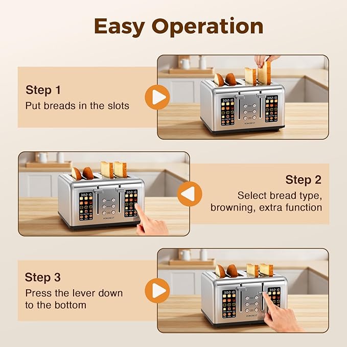 4 Slice Touch Screen Toaster with Wide Slots Stainless Steel Digital Toasters for Family Breakfast, Even Toasting for Bagel & Bread, Reheat Defrost Cancel, Removable Crumb Tray, Silver