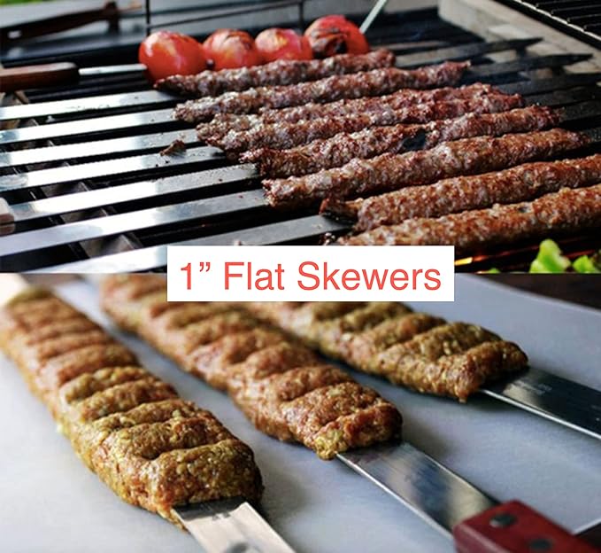 eMart4u Kabob Skewers for Grilling – 1" Wide, 24" Long Flat Stainless Steel BBQ Skewers with Wood Handle | 1 FREE Skewer | Shish Kebab for Persian, Brazilian, Koubideh (12pcs)