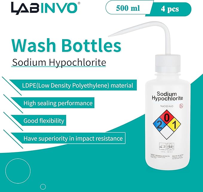 LABINVO 4pcs of Sodium Hypochloride Wash Bottles, Vol.500ml (17oz), Narrow Mouth, Self-Venting Safety Wash Bottles, LDPE Material, IN-WBS500