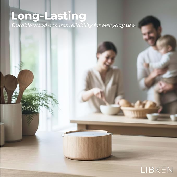 LIBKEN Wooden Salt Box with Stainless Steel Lid & Spoon – Rubberwood Keeper to avoid Dust, Minimal Scandinavian Bowl for Pepper, Spices, Herbs and Salt Storage Container - Wooden