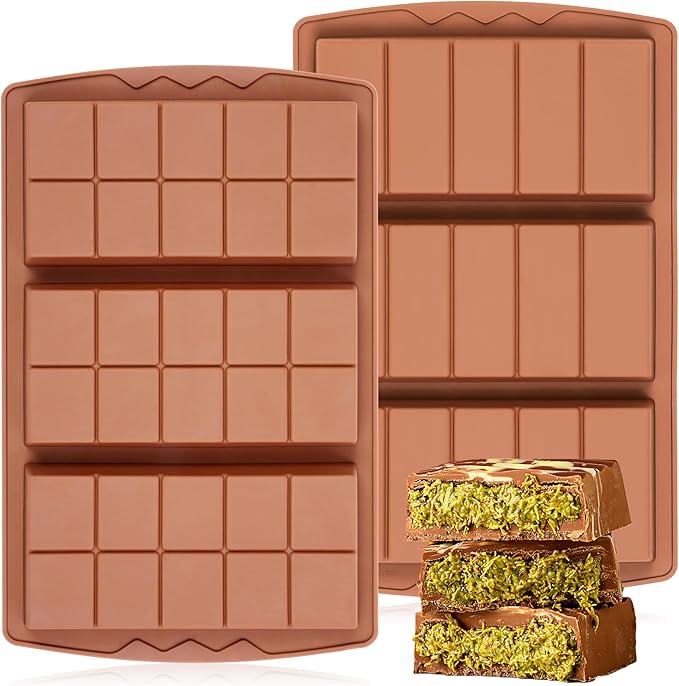 KASHME 2 Pcs Chocolate Bar Mold Deep Dubai 0.85 Inch Stuffed Chocolate Molds Silicone Large Break Apart Silicone Molds (10 Snap + 5 Snap）