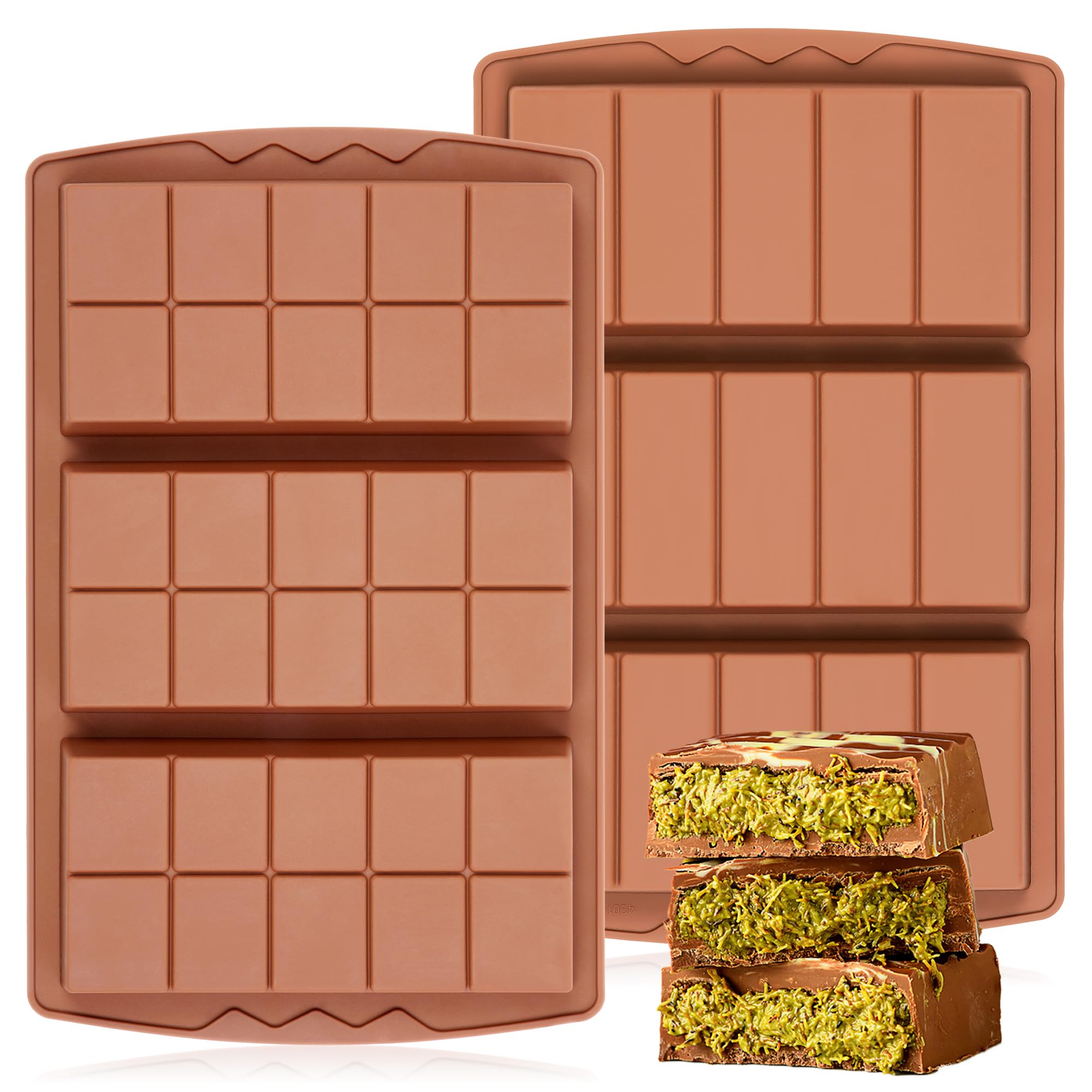 KASHME 2 Pcs Chocolate Bar Mold Deep Dubai 0.85 Inch Stuffed Chocolate Molds Silicone Large Break Apart Silicone Molds (10 Snap + 5 Snap）