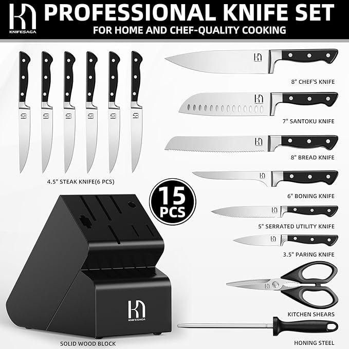 KnifeSaga Japanese Knife Set with Sharpener, Premuim, Razor Sharp, 15 Pcs