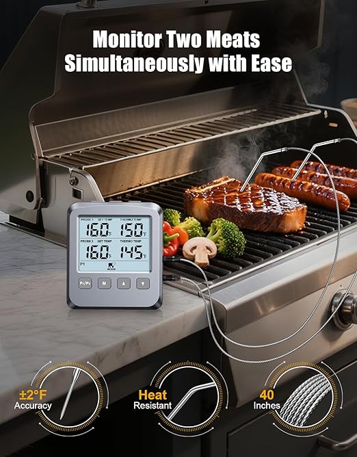 Vuwwey Dual Probe Meat Thermometer Digital for Cooking, Grilling & Smoking with Large LCD Backlight & Alarm, Kitchen Food Grill Thermometer, Smoker Accessories for BBQ Oven Oil Fry, Gifts for Men Dad