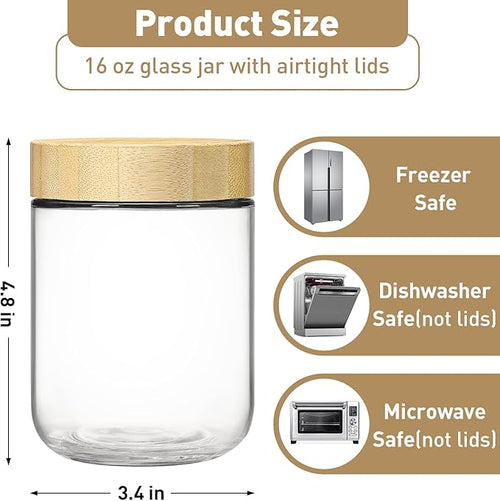 16oz Overnight Oats jars 4 Pack,Overnight Oats Containers with Bamboo Lids for Meal Prep,Wide mouth Mason Glass Salad Jars with Spoons,Glass Food Storage Container for Yogurt Chia Pudding Spice Sugar