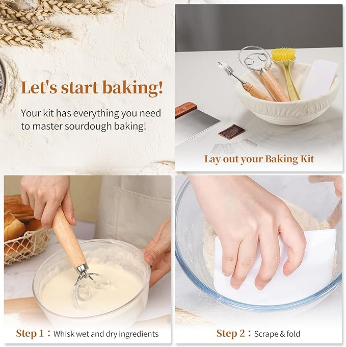 Dimpola Banneton Bread Proofing Basket Banneton Basket Set Sourdough Proofing Basket Round Proofing Bowls Handmade Rattan Baskets and Liners (Round 9 inch Baking Set)
