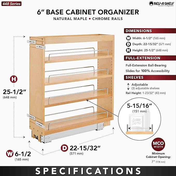 Rev-A-Shelf Maple Pullout Organizer for Full Height Base Cabinets, Full Extension Slides & Adjustable Shelves, Min Opening Width of 7", 448-BC-6C