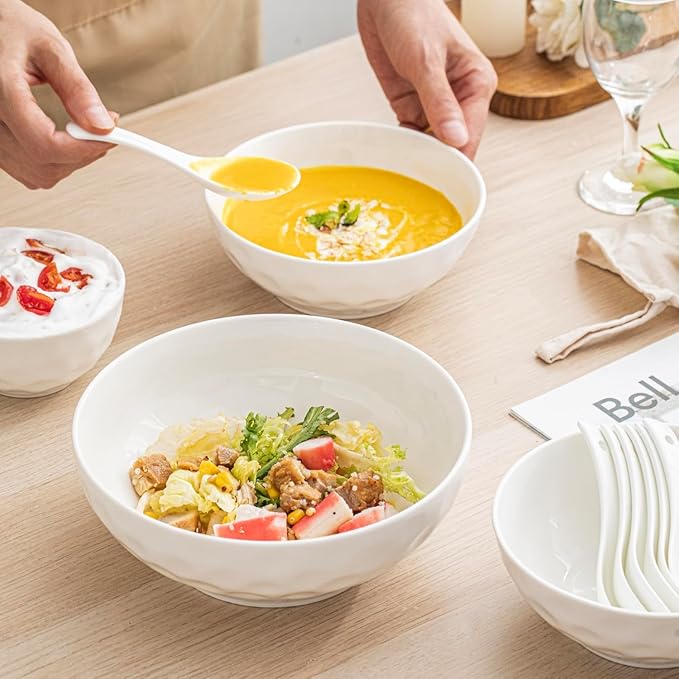 HOMBENE Ceramic Serving Bowls, 6.3 Inch, Set of 4, White, Porcelain, Modern, Oven & Microwave Safe, 25.7 oz Capacity