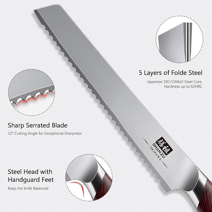 SHAN ZU Bread Knife 8 In, High Carbon 10Cr15Mov Stainless Steel Cake Knife