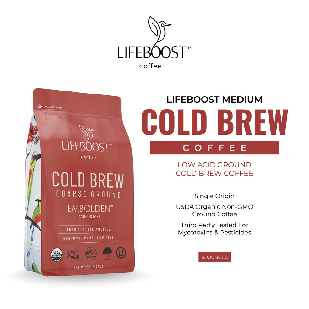 Lifeboost Dark Cold Brew Ground Coffee, Certified Organic Low Acid, 12oz