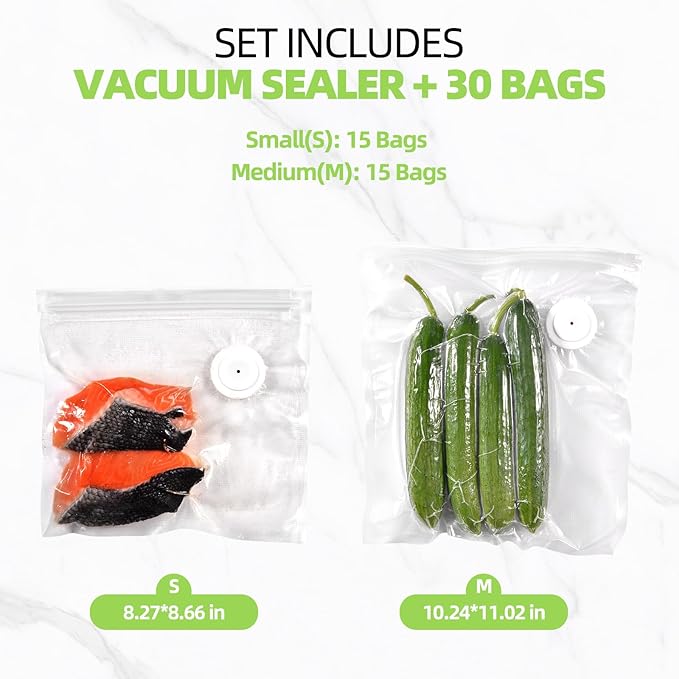 VENMATE Reusable Vacuum Sealer Bags, 15 Pack BPA-Free 8×8 Inch, Heavy-Duty Commercial Grade, Leak-Proof, Freezer Microwave Sous Vide Safe (White Vacuum Sealer + 30 Bags)
