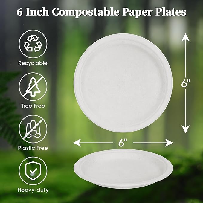 ECOLipak 6 in 200 Pack White Disposable Compostable Dessert Paper Plates