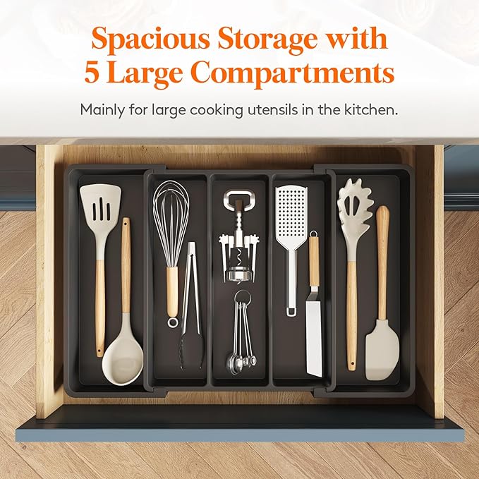Lifewit Utensil Organizer for Kitchen Drawers, Expandable Cooking Utensil Tray, Adjustable Cutlery Silverware Flatware Holder, Plastic Spatula Tools Storage Divider, 13-22 x 15", Black