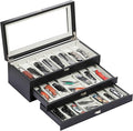 AUTOARK 3-Tier PU Leather & Velvet Knife Organizer with 26 Slots,Transparent Glass Top & Drawer,Compact Storage for Pocket Knives,Ideal for Men's Collections & Gifts,Black,MKAW016