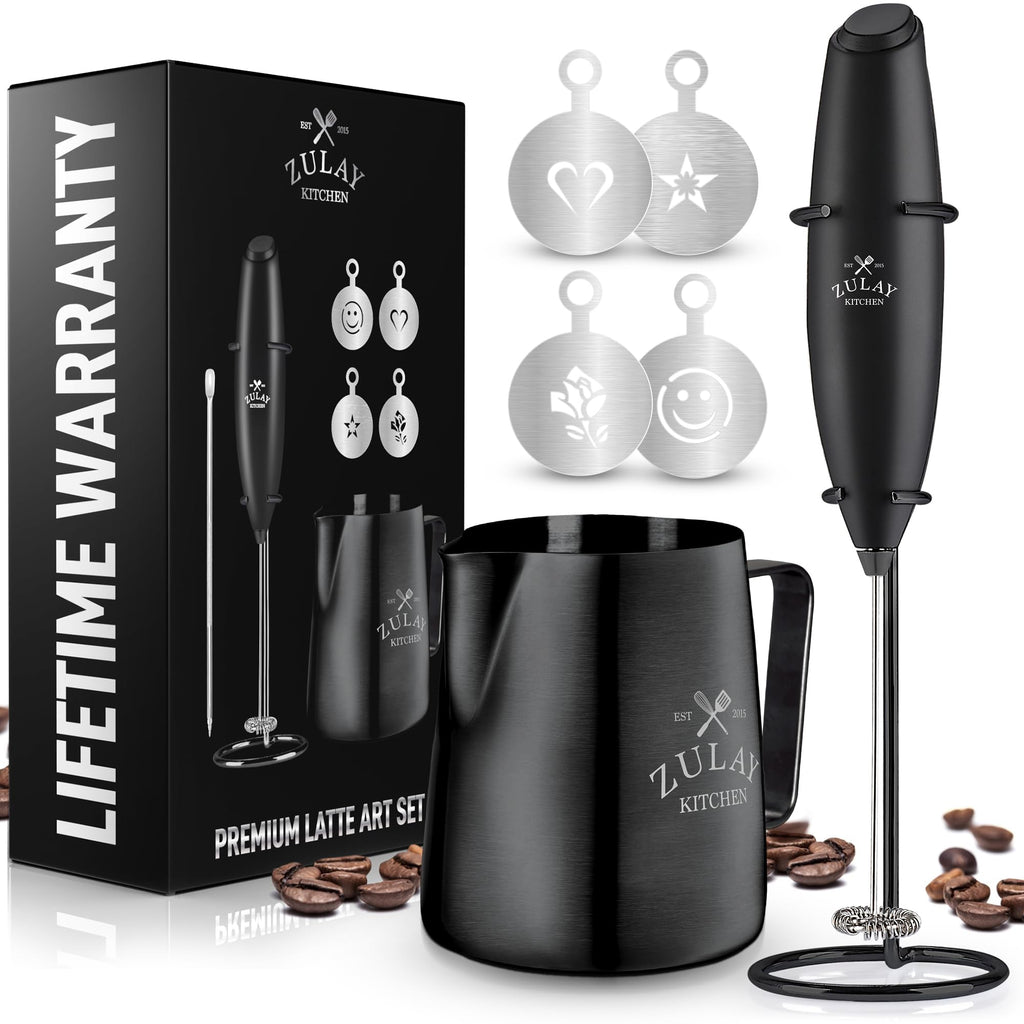 Zulay Premium Gift Milk Frother Set – Handheld Coffee Frother with Stand, 12oz/350ml Frothing Pitcher + 4 Latte Art Stencils – 13,000 RPM Motor, SS Whisk, Battery Operated – Barista Kit (Exec Black)