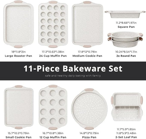 11-Piece Baking Pans Set Nonstick, Stackable Bakeware Set, White&Khaki