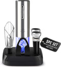 Zulay Kitchen Electric Wine Opener with Charging Base - Electric Wine Bottle Opener, Stainless Steel Wine Opener - Aerator Pourer, Foil Cutter & 2 Vacuum Stoppers - Silver