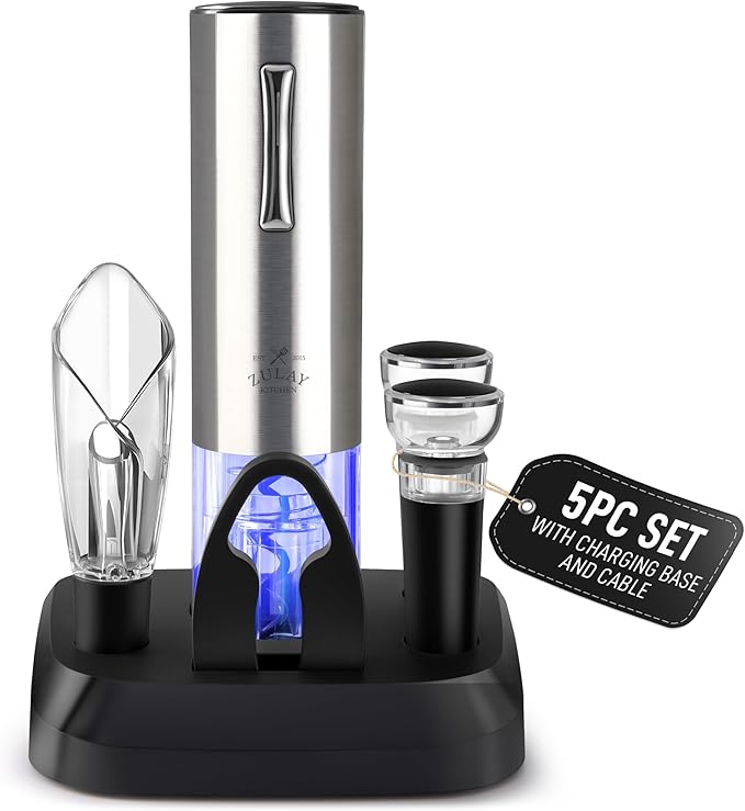 Zulay Kitchen Electric Wine Opener with Charging Base - Electric Wine Bottle Opener, Stainless Steel Wine Opener - Aerator Pourer, Foil Cutter & 2 Vacuum Stoppers - Silver