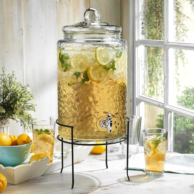 MosJos Classic Hammered Glass Ice Cold Beverage Drink Dispenser - 3 Gallon, With Glass Lid and Antique Metal Stand, 100% Leak Proof Spigot- Wide Mouth Easy Filling For Outdoor, Parties & Daily Use