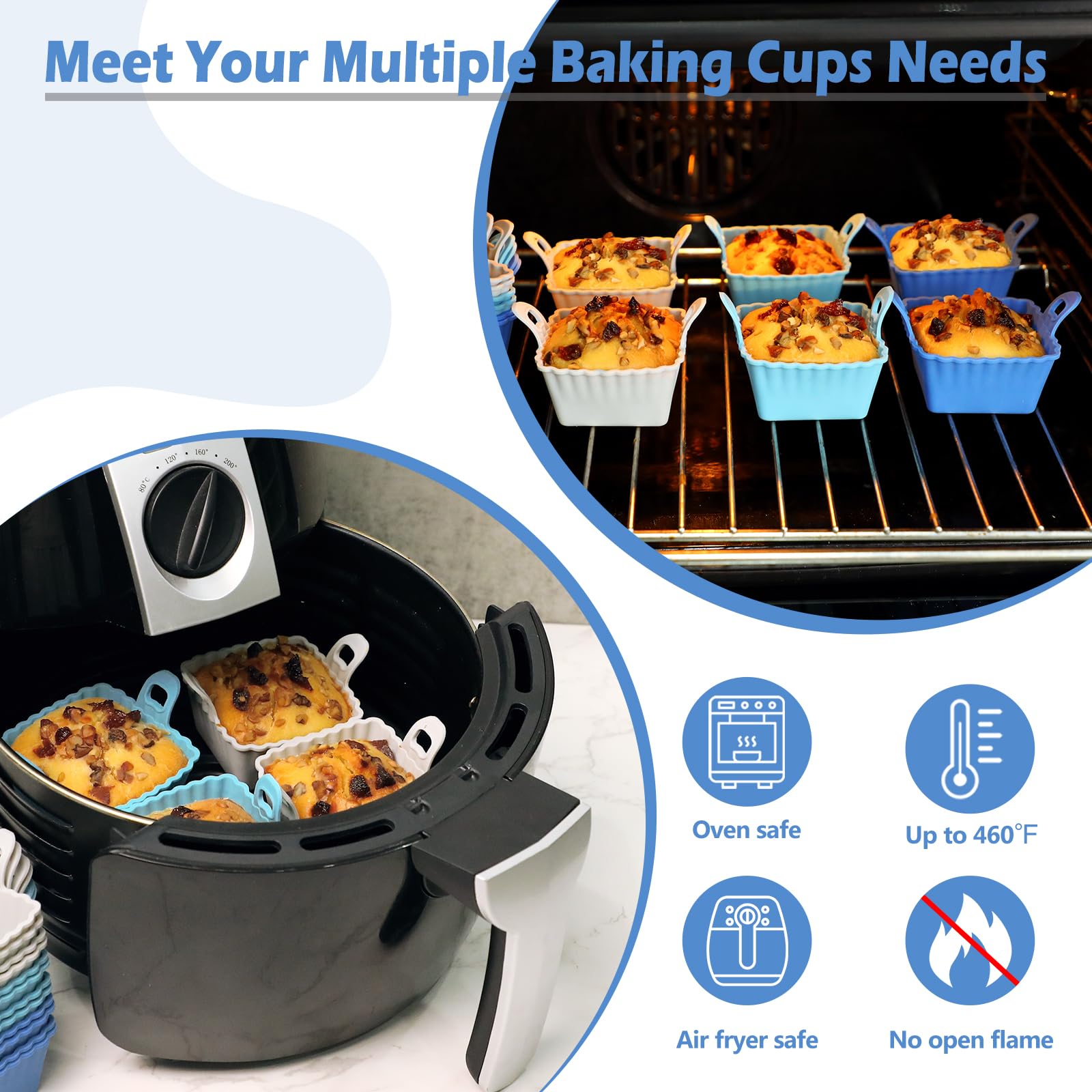 Koluti Reusable Silicone Baking Cups Set of 12, Nonstick Muffin Cupcakes Mold with Double Handle, BPA Free, Mini Square Air Fryer Cupcake Liners, 3 Colors