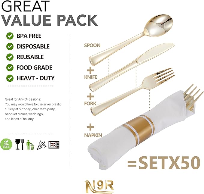 N9R 50 Pack Pre Rolled Gold Plastic Silverware with Napkins, Disposable