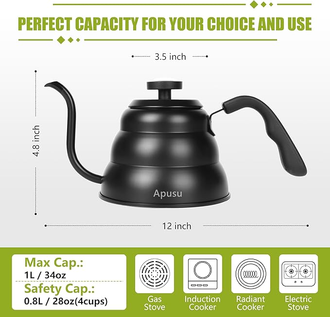 Pour Over Tea Kettle for Manual Drip Coffee,Tea,with Thermometer,Black,28oz