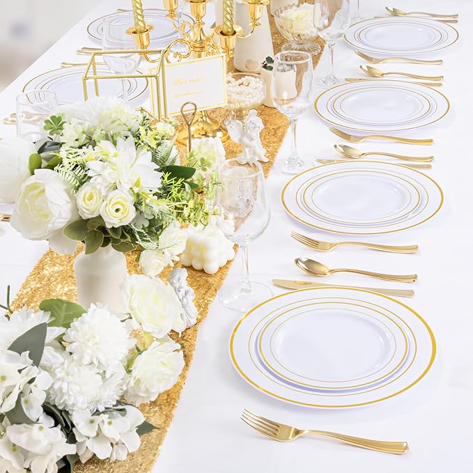 WDF300 Pieces Gold Plastic Silverware - Heavy Duty Disposable Cutlery Set Plastic Gold Silverware Set Includes 100 Forks, 100 Spoons, 100 Knives for Party/Baby Shower/Wedding/Birthday