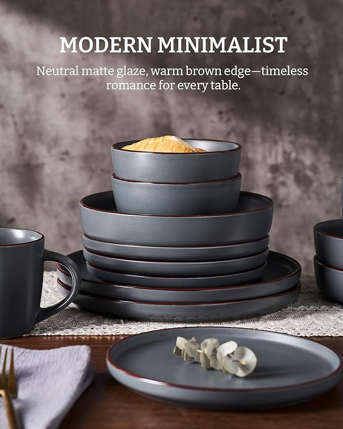 Famiware Mercury 12-Piece Stoneware Dinnerware Set, Charcoal