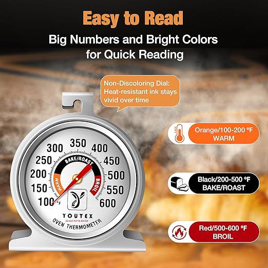 Youtex 2-Pack Oven Thermometer, Upgraded 100-600°F No-Holes Non-Discoloring Easy-to-Clean for Healthier Cooking, Easy-to-Read with Large Bright Numbers for Gas & Electric Ovens, Grills, and Smokers