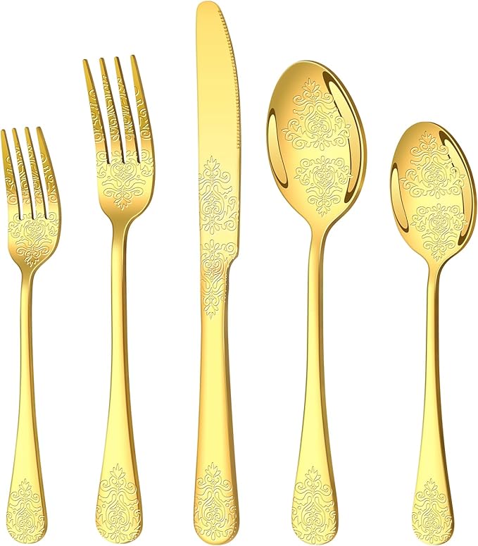 20 Pcs Gold Silverware Set for 4, Food Grade Stainless Steel Flatware Set, Eating Utensils Sets Include Fork/Knife/Spoon, Reusable Cutlery Set for Home Kitchen, Dishwasher Safe, Embossed pattern-2