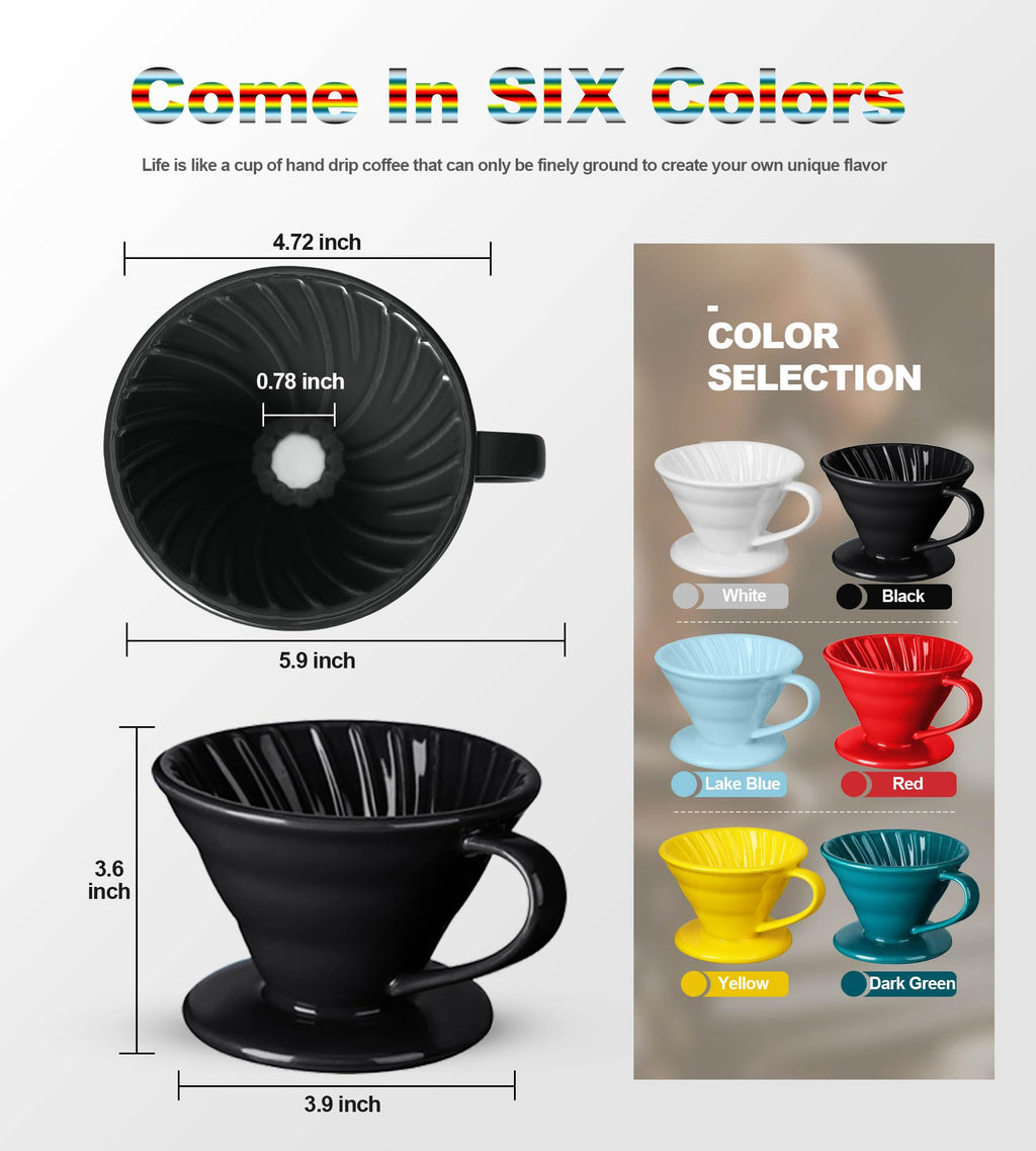 Wmazio Pour Over Coffee Dripper - Ceramic Pour Over Coffee Maker Cone, Porcelain Coffee Drip, Pour Over Single Cup, Manual Brew Maker for Home, Cafe, Office - 1-4Cup, V60 Size 02 (Black)