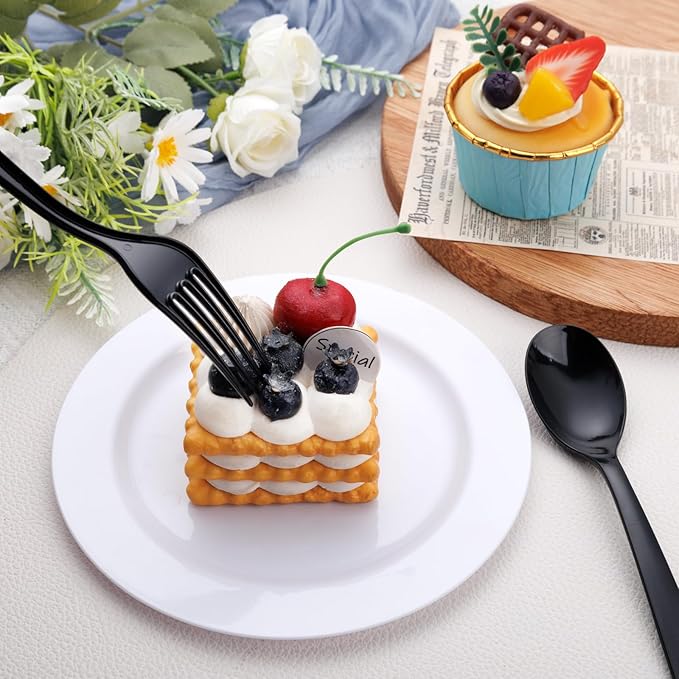 EI 360pcs Black Plastic Silverware,Disposable Cutlery,Plastic Silverware Heavy Duty,Plastic Spoons and Forks include 120pcs Forks,120pcs Spoons and 120pcs Knives,for Wedding,Graduation Decorations