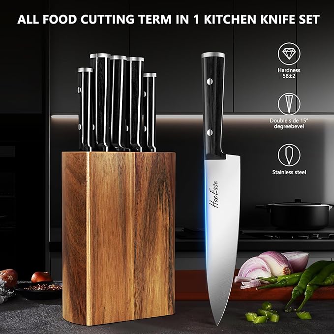 HueEase Knife Set,6-Piece Kitchen Knife for Home Use, Sharp Knife Set with Natural Acacia Wood Knife Block, Germen Steel Wood Handle Kitchen Knife Block Set, Ergonomical Design ((Ink-black))