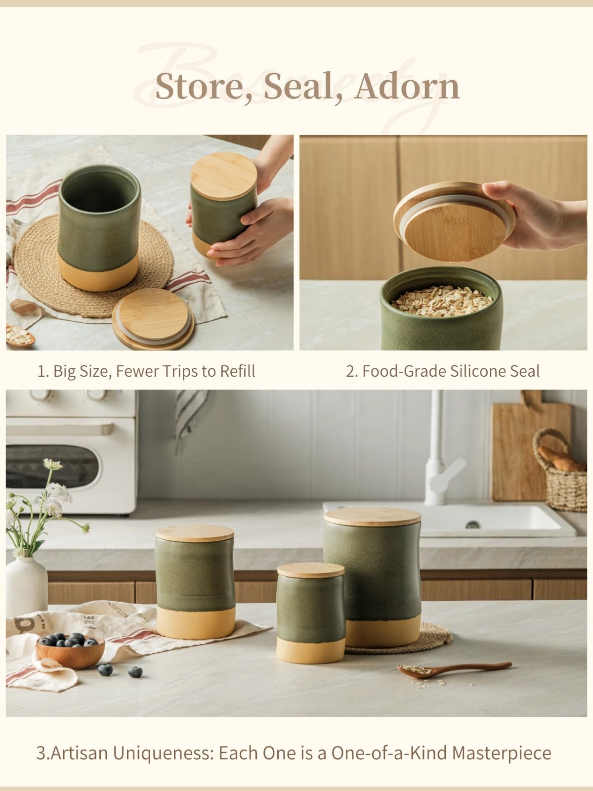 Besmeety Canisters Sets for the Kitchen, 23 oz x 40 oz Flour Sugar Storage Containers, Ceramic Kitchen Canisters for Countertop Set of 2 with Airtight Lids