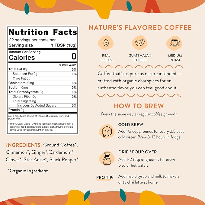 Organic Dirty Chai Ground Coffee - Medium Roast, Flavored Coffee - Real Chai Spices - Smooth Low-Acid- Perfect for Drip, Pour Over or Cold Brew - 8 oz, 22 Servings