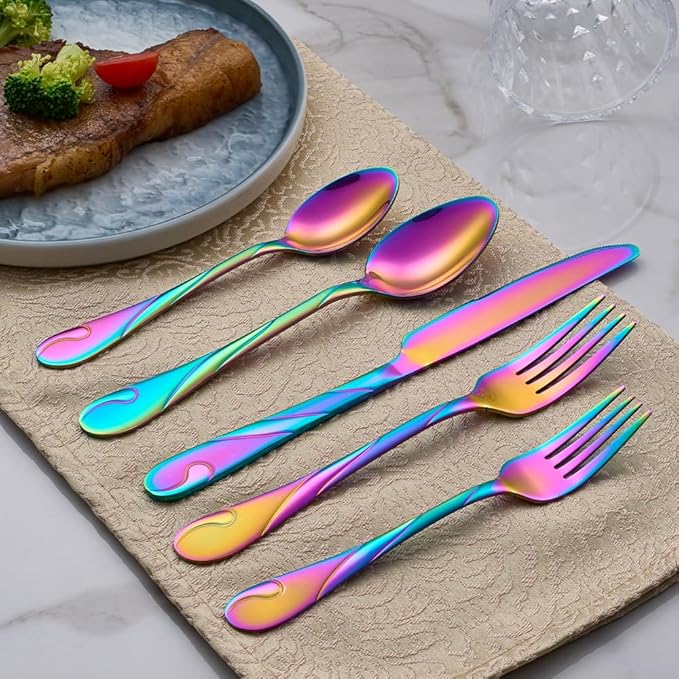 Seeshine Rainbow Silverware Set for 6, 30-Piece Stainless Steel Flatware Set, Shiny Rainbow Metal Cutlery Set, Include Fork, Knife and Spoon Set, Dishwasher Safe
