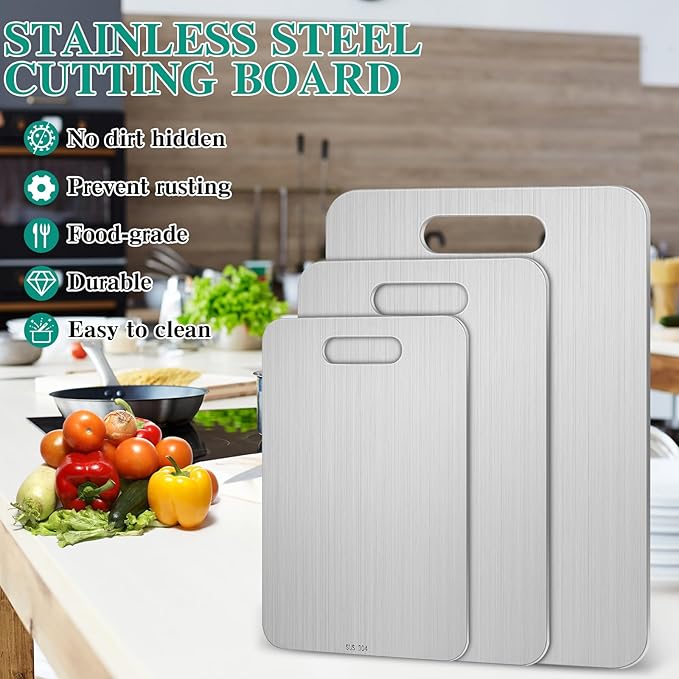 Yaocom 3 Pcs Stainless Steel Cutting Board for Kitchen 304 Steel Chopping Dishwasher Safe Metal Cutting Board Set for Kitchen Meat Fruit Vegetable (13.4"x9",11.8"x7.9",9.5"x6")