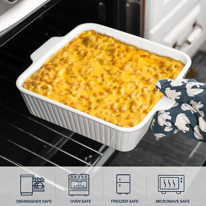 cikiciki 10" Square Ceramic Casserole Dish Set of 2-2.6 Qt Deep Baking Dishes with Handles for Oven, Lasagna Pan for Casseroles Cake Bread, Microwave Dishwasher Safe Bakeware Set, White