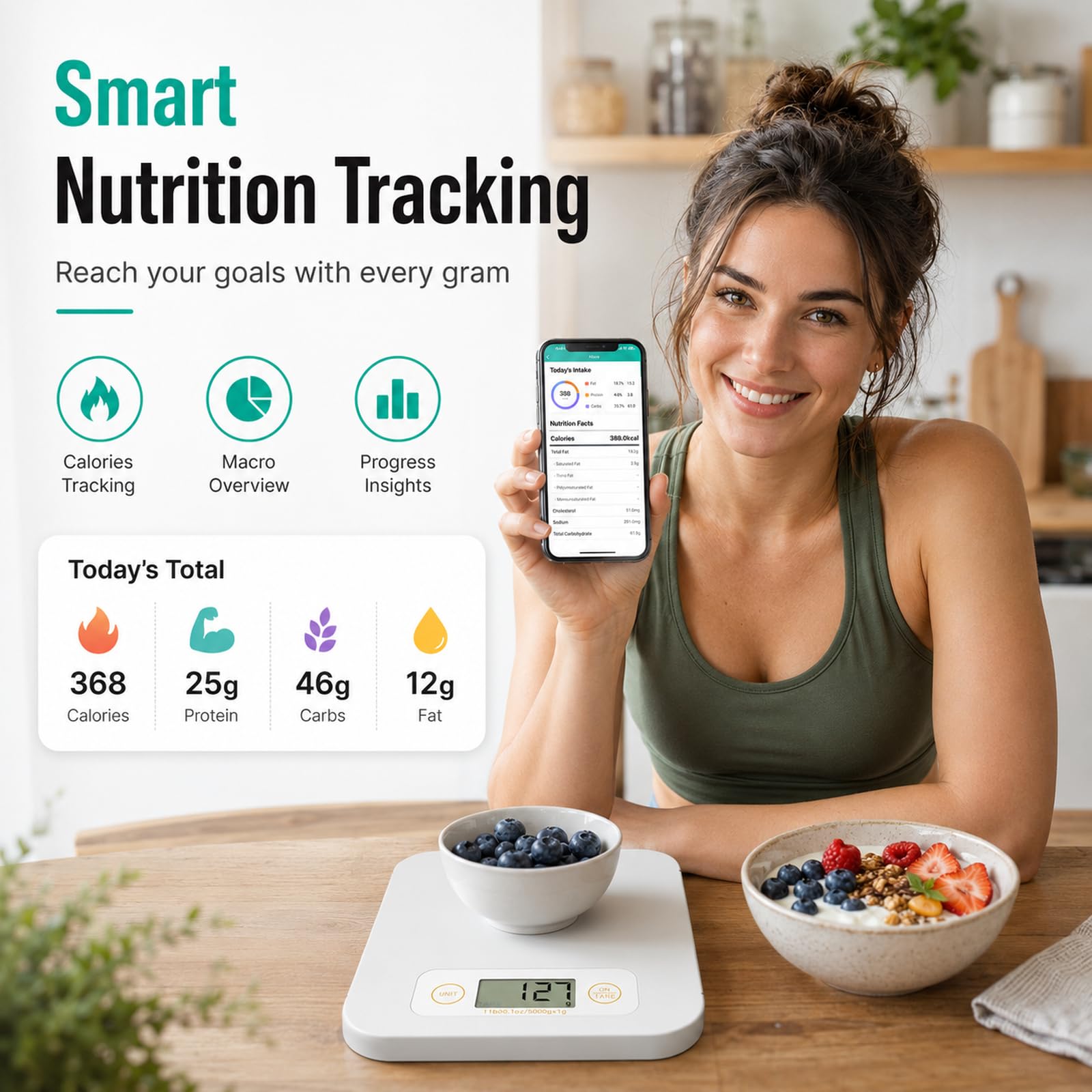 URAMAZ Smart Food Scale with Nutritional Calculator, Digital Kitchen Scale with Bluetooth App for Weight Loss, Food Weight Scale for Diet, Keto, Macro, Calories Counting, Tracking, 11lb