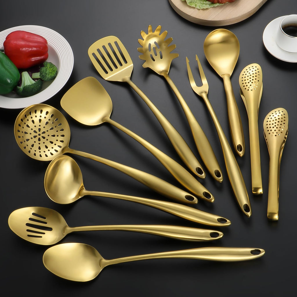 304 Stainless Steel Matte Kitchen Utensils Set, 11 Pcs Long Metal Cooking Utensils Set, Gold Cooking Utensils Set, Dishwasher Safe